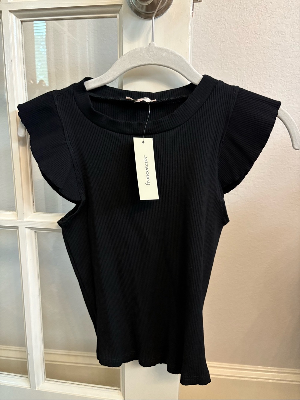 Francesca's Black Ribbed Flutter-Sleeve Tank
